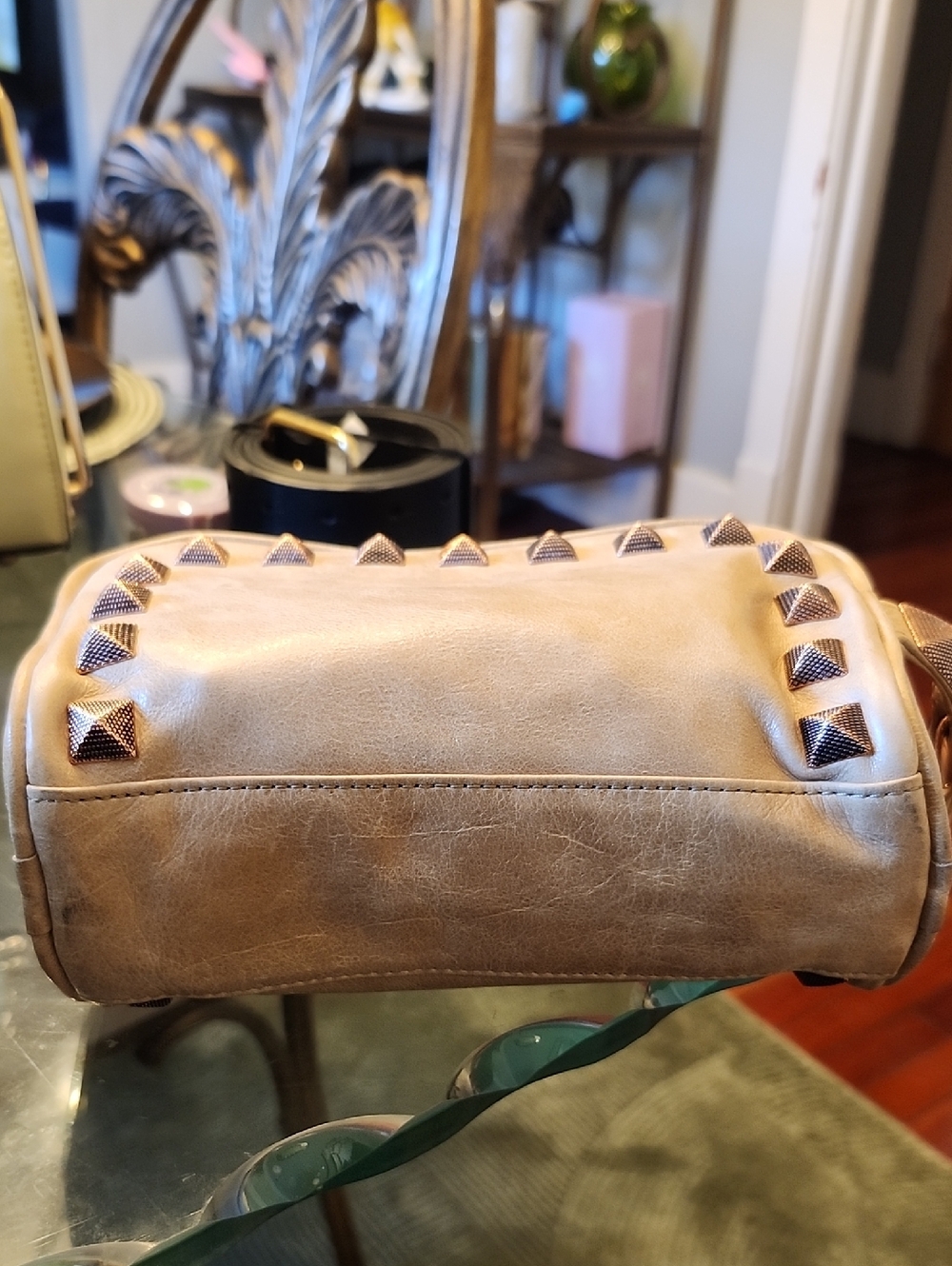 Rebecca Minkoff Taupe Studded Leather Clutch/Cosmetic Pouch Beige & Rose Gold - Picture 6 of 11